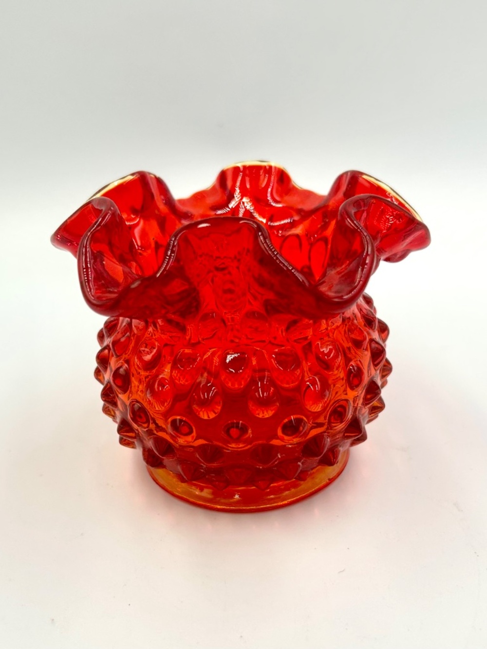 Vintage Fenton Amberina Hobnail Vase 3" Rose Bowl Red Glows Orange Yellow